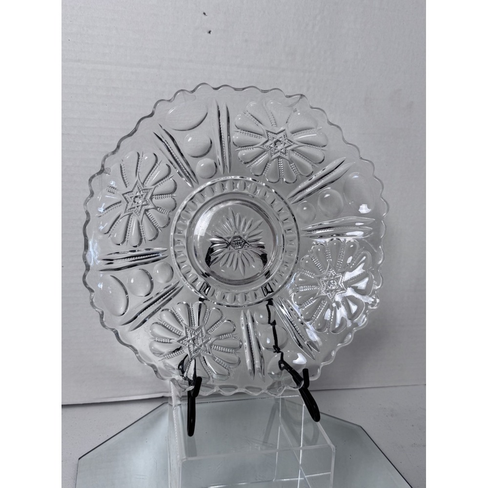 Vintage Clear Pressed Glass Cup Edge Serving Platter Star & Flower Floral Design
